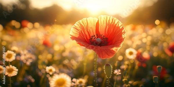 Fototapeta Red Poppy Flower in Sunlit Field, Vibrant Red Poppy Flower in Bloom, Bright Red Poppy Flower with Green Background

