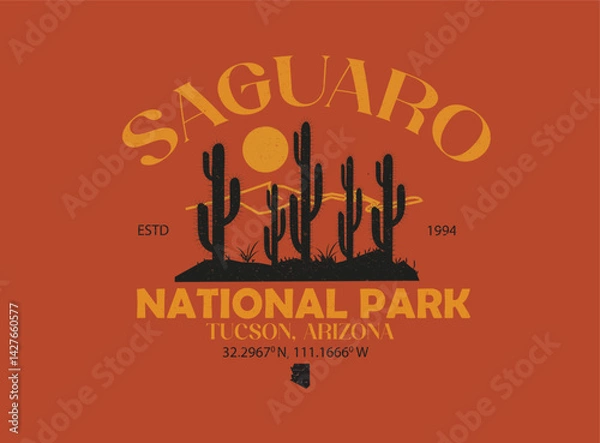 Fototapeta Sunset the Desert Vibes in Saguaro, Desert vibes vector graphic print design for apparel, stickers, posters, background, and others. Outdoor western vintage artwork. Sugraro desert t-shirt design