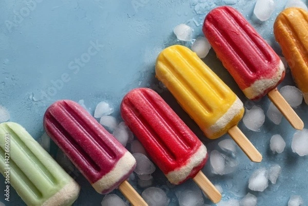 Fototapeta Colorful Ice Pops on a Blue Surface Surrounded by Ice Cubes in Summer Vibes Display