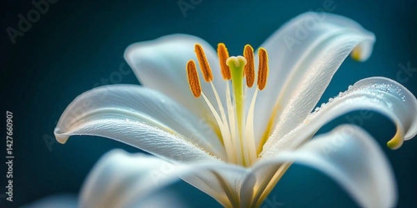 Fototapeta Close-up of White Lily Flower with Stamen, Beautiful White Lily Blooming in Nature, Macro Shot of Fresh White Lily Flower


