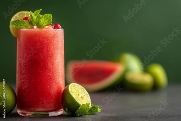 Fototapeta Refreshing Watermelon Cocktail with Mint and Lime on a Green Background