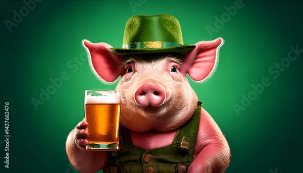 Fototapeta Pig Holding Beer on Green Gradient Background style 02
