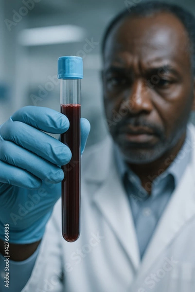 Fototapeta A doctor or laboratory scientist wearing gloves carefully examines a test tube with a blood sample in a laboratory. The image symbolizes the stage of processing donor blood