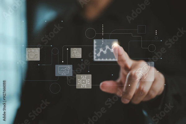 Fototapeta Touching interactive analytics to drive business growth and AI insights.