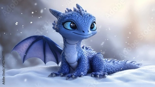 Fototapeta A cute, small, blue dragon with large amber eyes, tiny wings, and red inner ears sits in the snow.