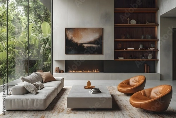 Fototapeta Elevate your brand with a cozy mid-century interior featuring leather chairs and a modern fireplace setup
