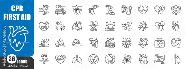 Fototapeta CPR . Cardiopulmonary Resuscitation . Medical outline icon . Editable stroke . Vector .