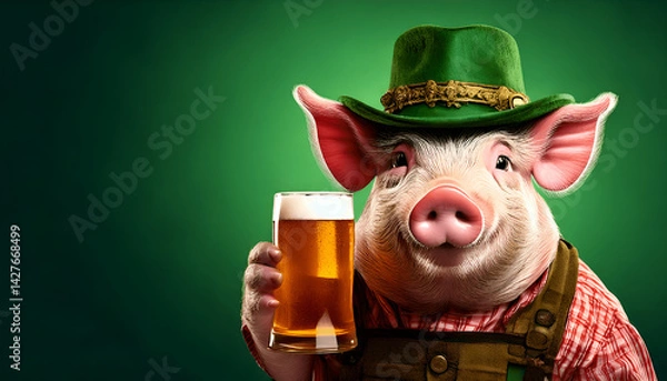 Fototapeta Pig Holding Beer on Green Gradient Background style 03