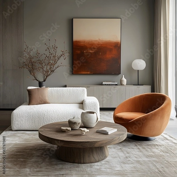 Fototapeta Japandi minimalist living room with accent armchair and blank grey wall for mockup use

