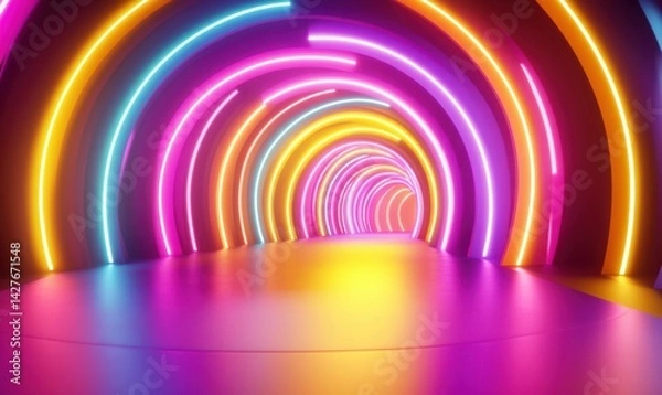 Fototapeta Neon tunnel, vibrant colors, glowing archway, abstract background, perfect for music video or event backdrop