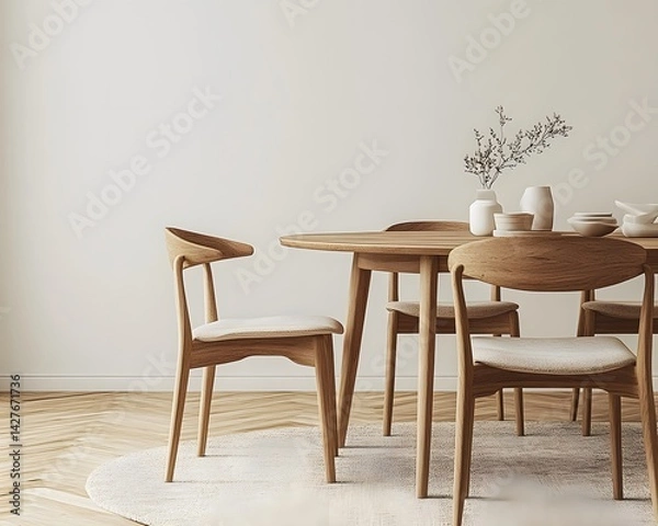 Fototapeta Interior design of modern dining room, dining table and wooden chairs. 3d rendering  


