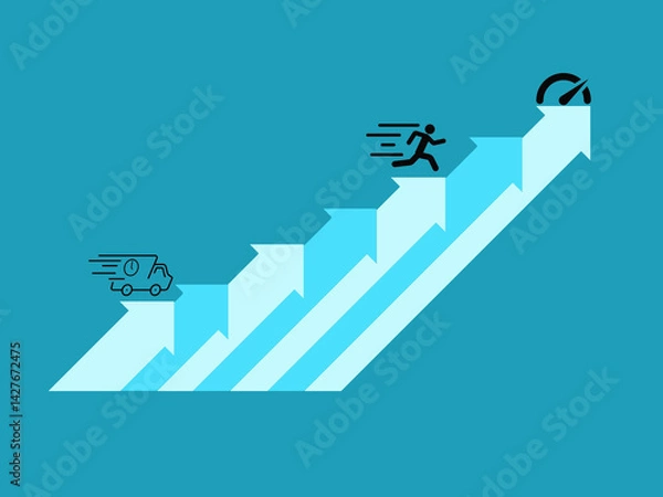 Obraz Ambition for success. Businessman running up the growth arrow ladder