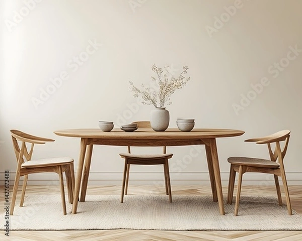 Obraz Interior design of modern dining room, dining table and wooden chairs. 3d rendering  


