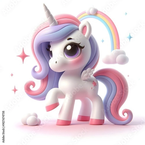 Obraz 3d cute animation of a unicorn on white background