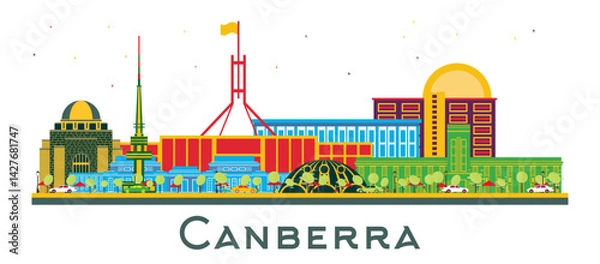 Fototapeta Canberra Australia City Skyline with Color Buildings isolated on white. Business Travel and Tourism Concept with Modern Architecture. Canberra Cityscape with Landmarks.