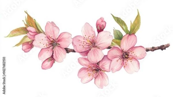 Fototapeta A delicate branch of pink cherry blossoms featuring multiple flowers and green leaves, symbolizing beauty and the arrival of spring.