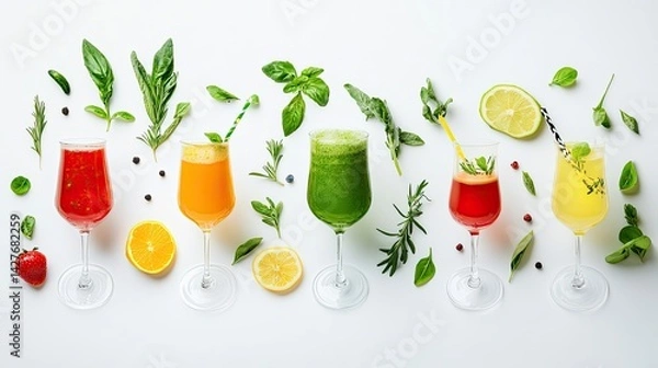 Fototapeta healthy vegetable cocktail, juice ,summer fresh juice collection isolated on white background ,Set of fruit and vegetable and berries juice on white background
