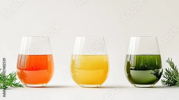 Fototapeta Fruit juices of different color white background ,three glasses of wine isolated on white background 

