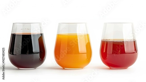 Fototapeta Fruit juices of different color white background ,three glasses of wine isolated on white background 
