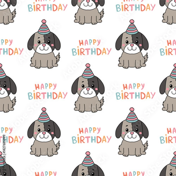 Fototapeta Dogs in birthday hat. Seamless vector pattern for fabric design, wrapping paper, wallpapers.  Hand drawn.