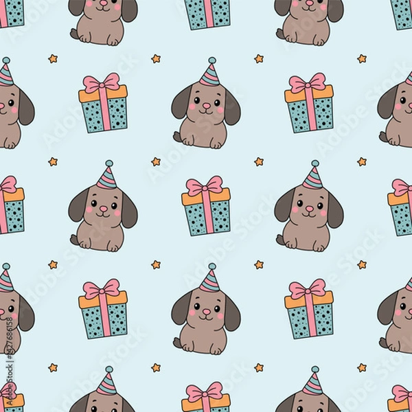 Fototapeta Dogs in birthday hat. Seamless vector pattern for fabric design, wrapping paper, wallpapers.  Hand drawn.