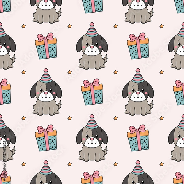 Fototapeta Dogs in birthday hat. Seamless vector pattern for fabric design, wrapping paper, wallpapers.  Hand drawn.
