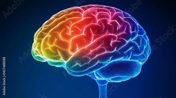 Fototapeta vibrant digital illustration of human brain with neural networks in rainbow colors for neuroscience and medical research