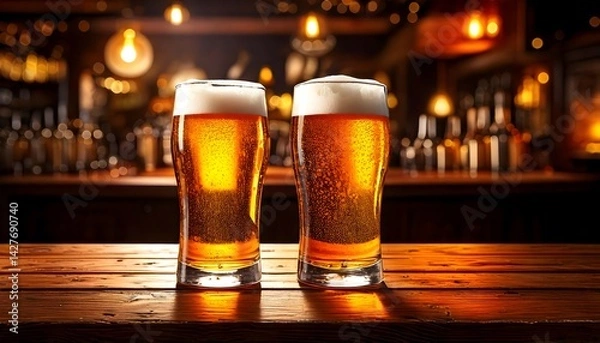 Fototapeta Cold amber beers in classic pint glasses on rustic counter with glowing pub background