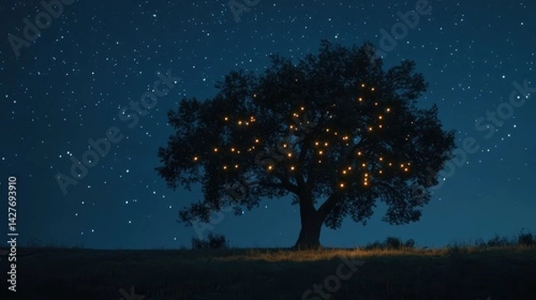 Fototapeta an image of a tree lit up at night with stars in the sky above it