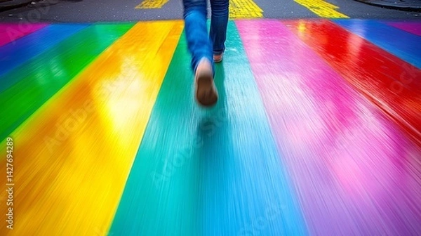 Fototapeta vibrant rainbow crosswalk with person walking on colorful pedestrian lane