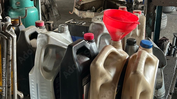 Fototapeta A collection of used oil containers with a funnel in an industrial setting, showcasing recycling efforts.