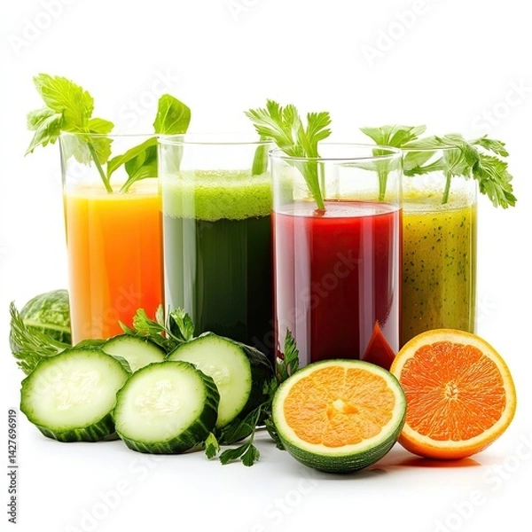 Fototapeta Glasses with fresh organic vegetable and fruit juices ,Glasses with fresh organic vegetable and fruit juices isolated on white background 