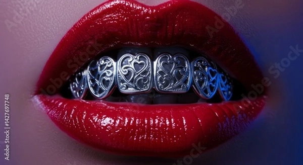 Fototapeta Close Up Teeth with Silver Teeth Grill