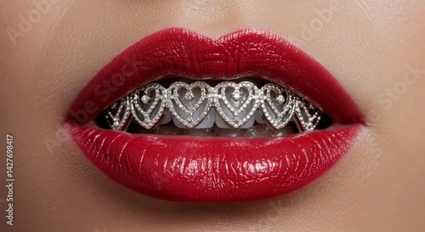 Fototapeta Close Up Red Lips with Silver Heart Grill