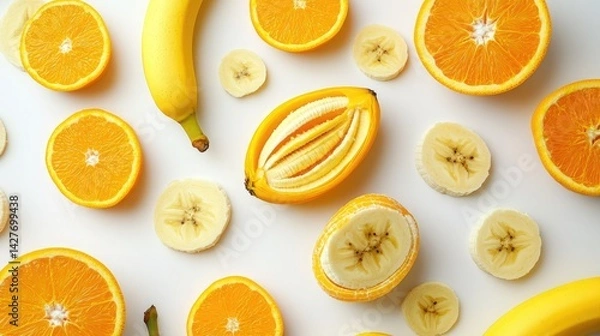 Fototapeta Banana slice isolated Cut bananas on white Set of banana slices on white background ,thin slicing different fruits on white background