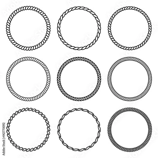 Fototapeta Vector set of round rope frame. Collection of thick and thin circles isolated on the white background.