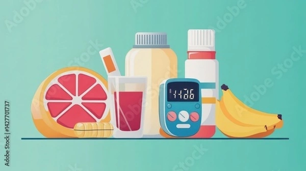 Fototapeta Healthy Lifestyle:  Fruits, Medication, and Glucose Monitoring for a Balanced Well-being