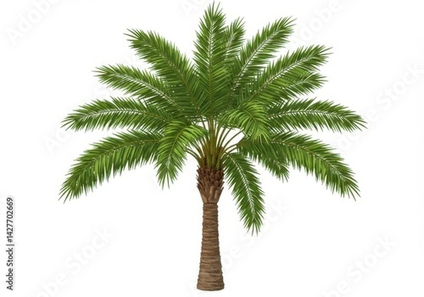 Fototapeta Illustration of a single palm tree with green leaves and brown trunk on a white background view from front