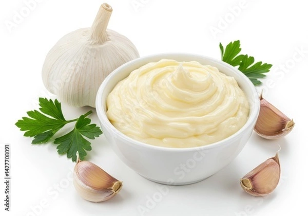 Fototapeta A bowl of aioli sauce with garlic cloves and parsley sprigs on a white background surface view