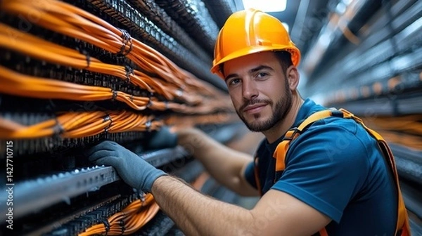 Fototapeta Portrait of a Telecom Technician Working on Fiber Optic Cables