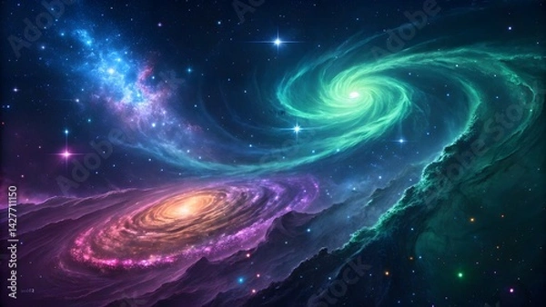 Fototapeta A vibrant abstract composition drawing inspiration from cosmic phenomena, showcasing swirling colors and galactic patterns. Perfect for science fiction themes, space-related projects, and imaginative.