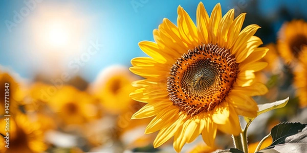 Obraz Close-up of Sunflower Blooming in Field, Bright Yellow Sunflower with Blue Sky, Beautiful Sunflower in Full Bloom

