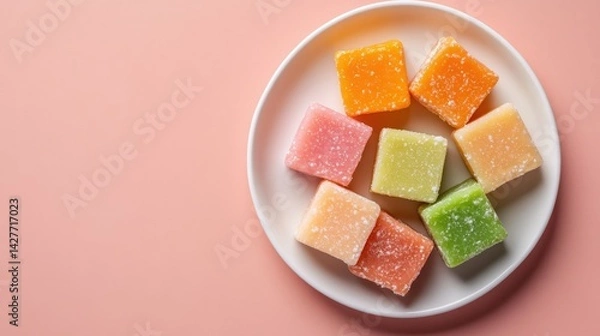 Obraz Flat lay of multiple Indian barfi squares in pastel and cream tones arranged on white minimalist plate