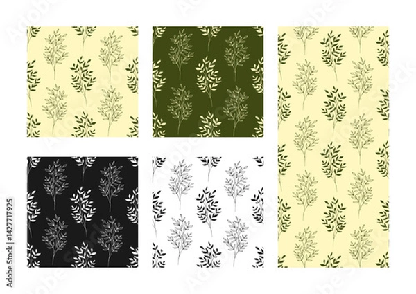 Fototapeta Set of seamless patterns with hand drawn stems with leaves, silhouettes, herbs, grass and branches in various simple minimalistic designs