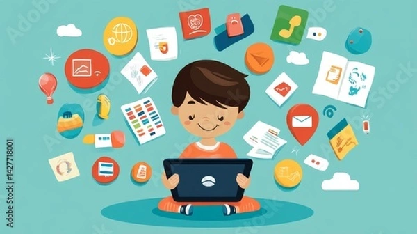 Obraz Child learning foreign language on tablet interactive standard home environment educational content engaging viewpoint language acquisition concept