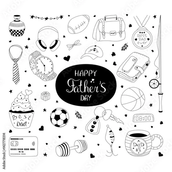 Obraz Set of Father's Day clipart. Hand drawn Father's Day doodle symbols, best dad greetings, Fatherhood, accessories for business, sports, leisure, hobbies for design. Isolated on white background