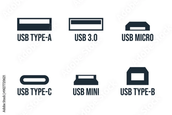 Obraz Usb port vector set - type-a, type-c, usb micro, usb mini, type-b and usb 3.0