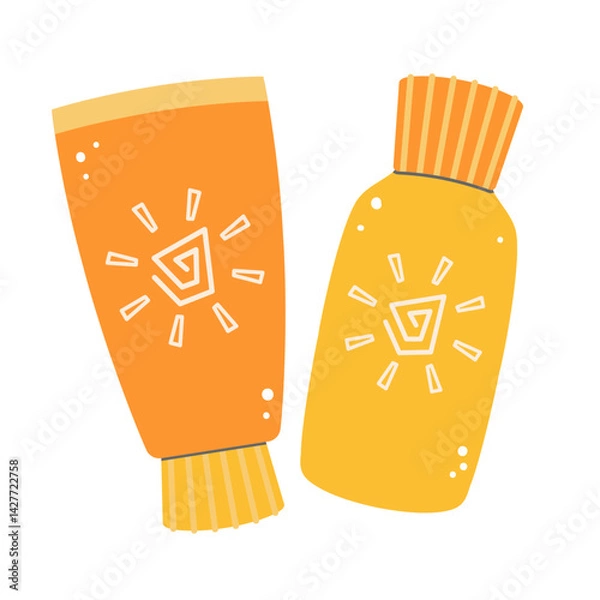 Fototapeta Two colorful sunscreen bottles and lotions. Ideal for summer, beach, or skincare projects