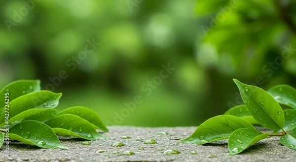 Fototapeta The image shows fresh green leaves adorned with water droplets resting on a textured stone surface, set against a soft blurred green natural background