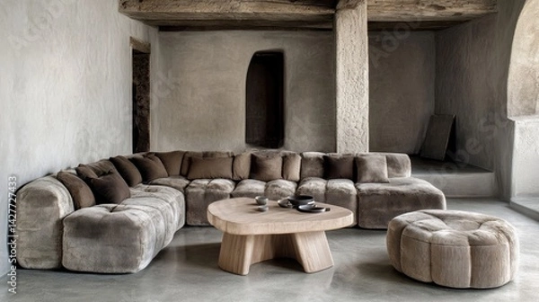 Fototapeta Rustic, modern sectional sofa arrangement in a neutral color palette.